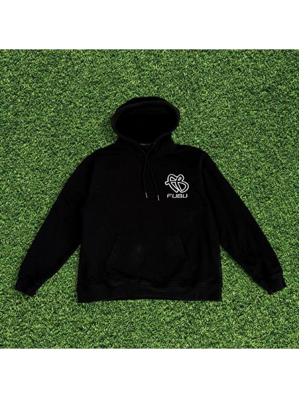 Y2K FUBU Black Hoodie White Embroidered Logo Size M Streetwear